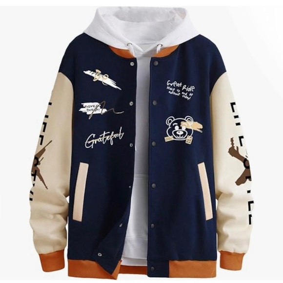 Blue Brown Hooded Mens Button Up Bomber Jacket